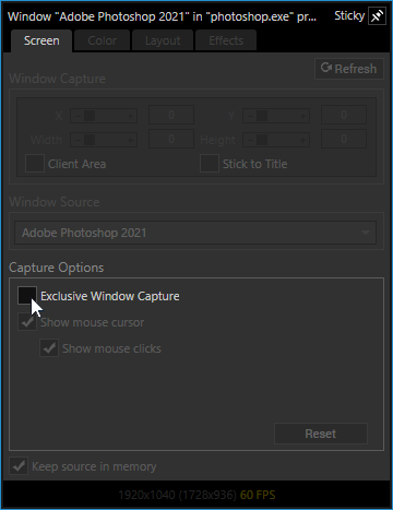 Making sure that Exclusive Windows capture is unchecked under the window capture