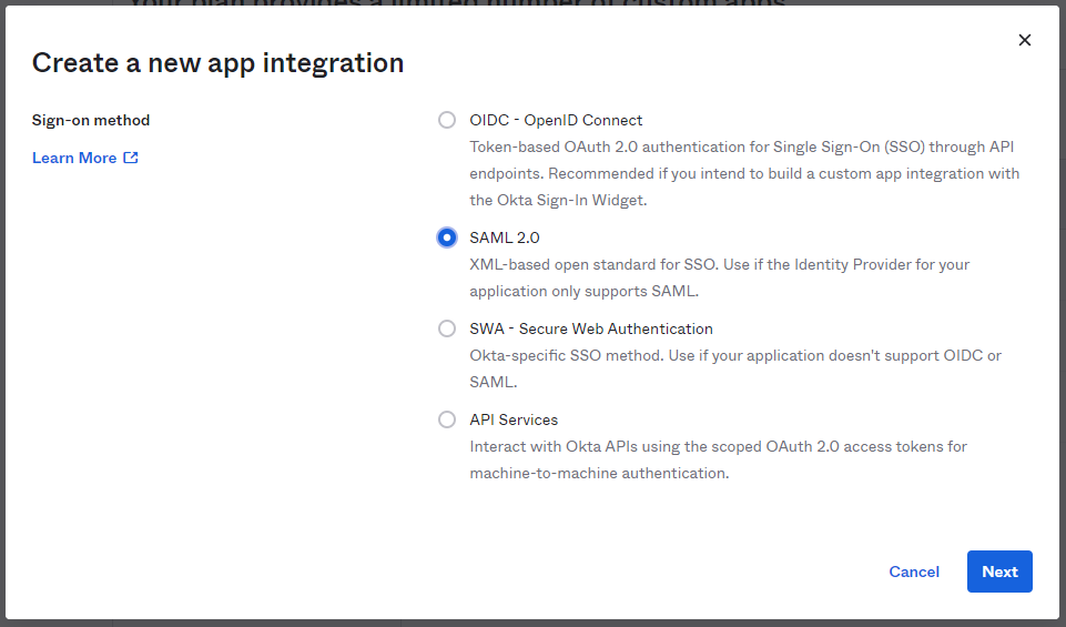 Selecting SAML 2.0 in OKTA's app integration option
