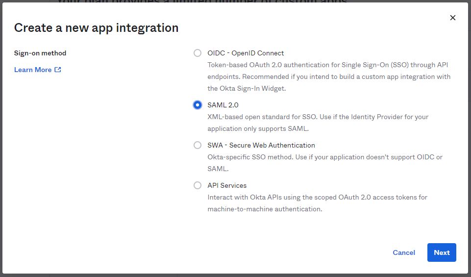 Selecting SAML 2.0 in OKTA&apos;s app integration option