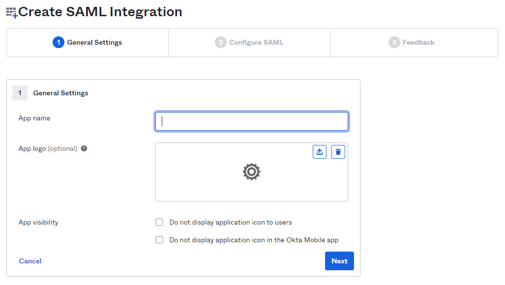 General Settings view in OKTA&apos;s SAML Integration Setup