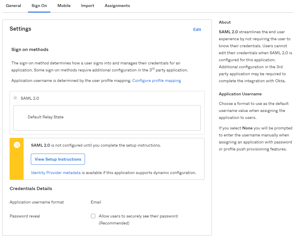 Viewing setup instructions in OKTA's Sign on methods