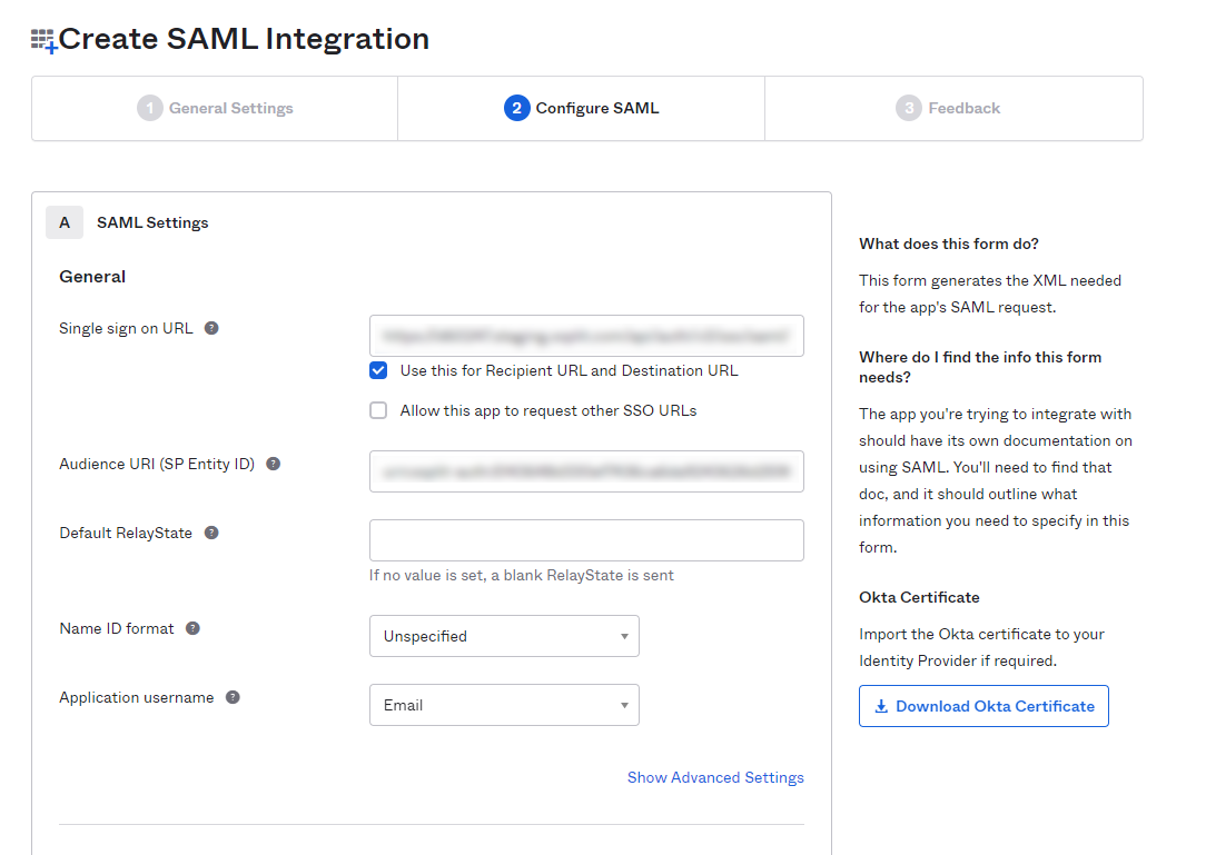 Configure SAML view in OKTA's SAML Integration Setup