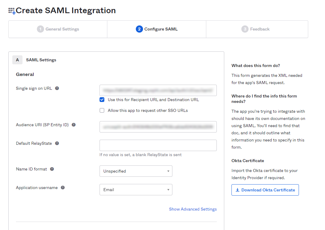 Configure SAML view in OKTA&apos;s SAML Integration Setup