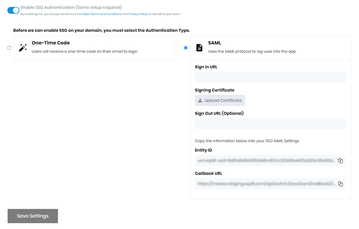 Domain Settings - SAML is selected