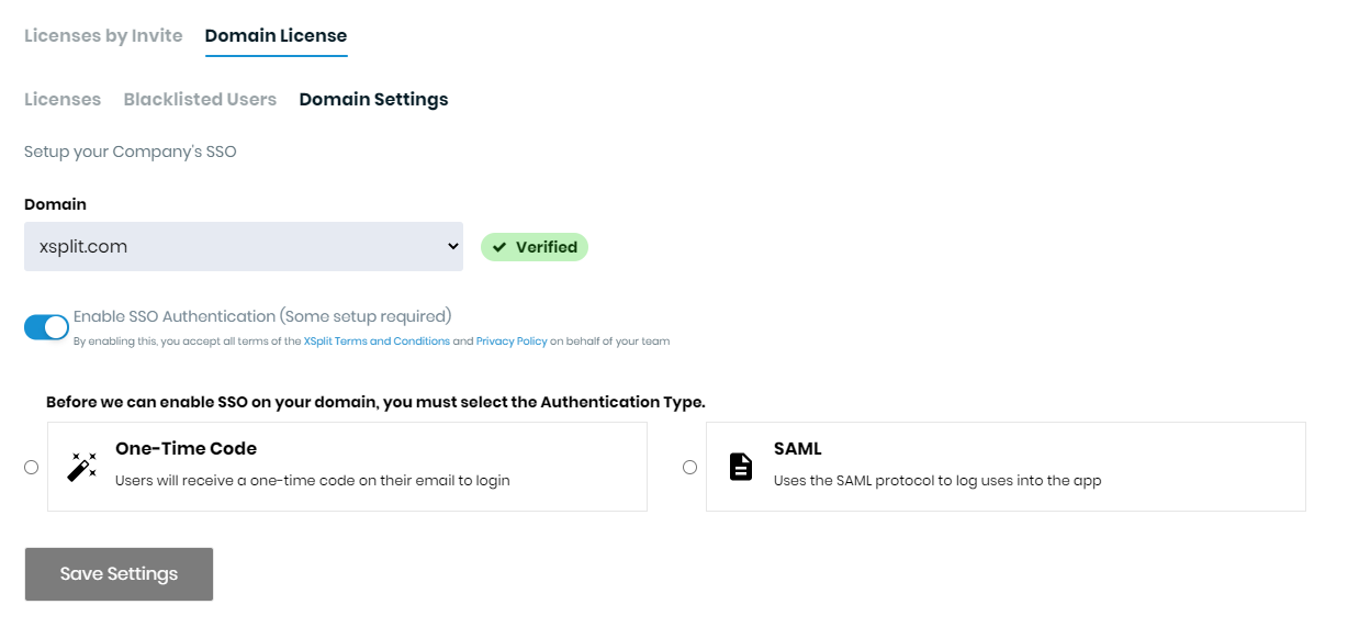 Domain Settings Main View