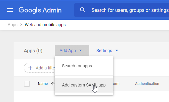 Google Admin - Selecting Add custom SAML app