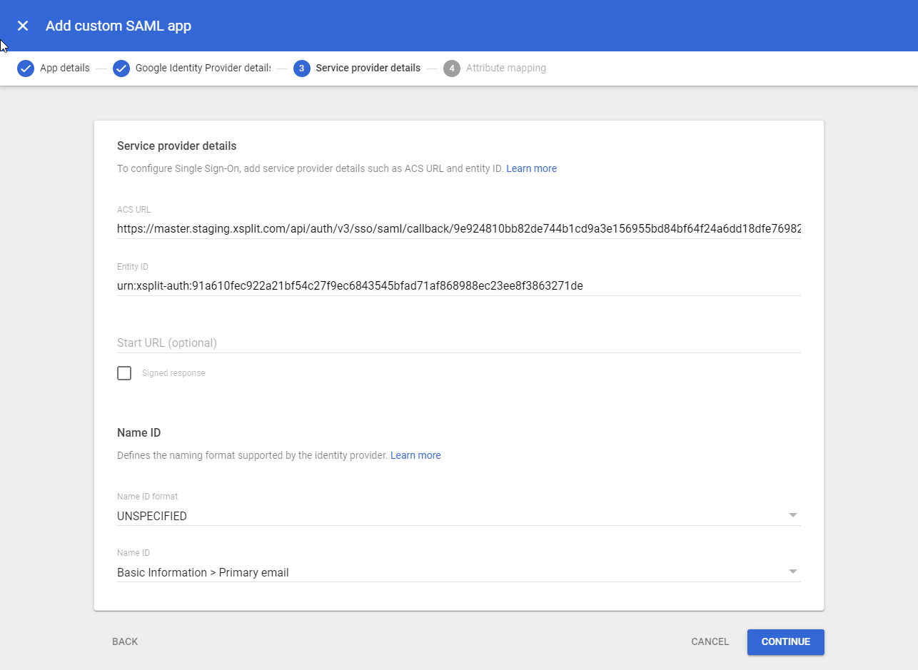Google Admin - service provider details - pasting the SAML info from Domain settings to the fields