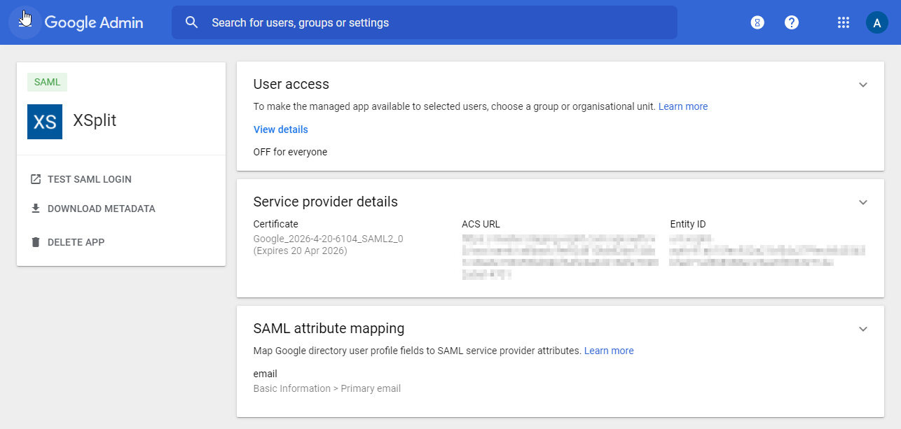 Google Admin - User access pane details