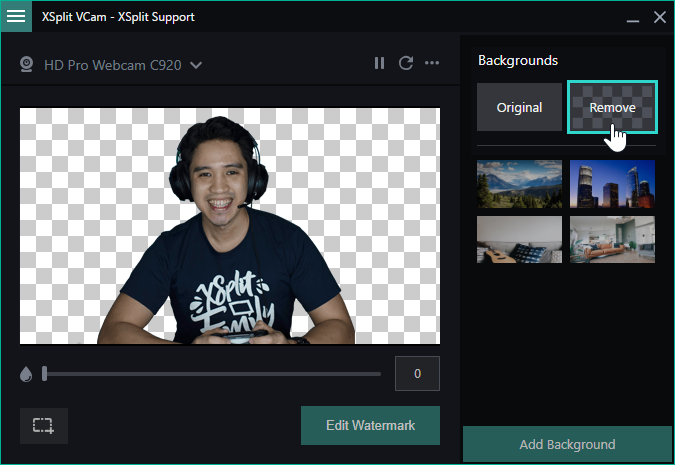 XSplit VCam showing the remove background filter in effect