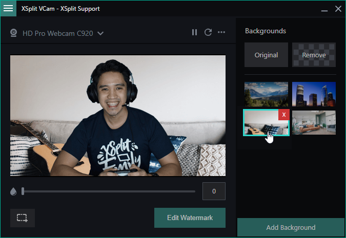 Showing Background replacement in effect on XSplit VCam 