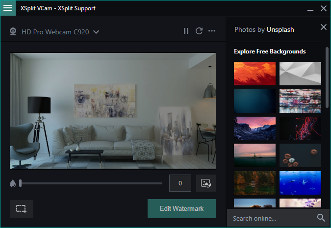 Unsplash Photos backgrounds showing to the right side of XSplit VCam