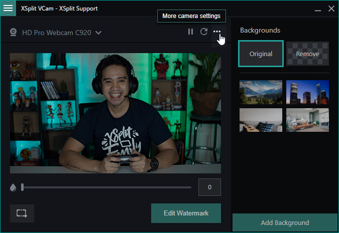 Mouse hovered over XSplit VCam's More camera settings icon