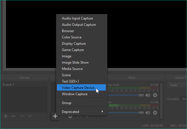 Selecting Video Capture Device in OBS