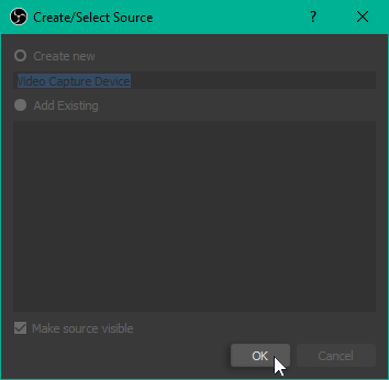 OK highlighted when creating/selecting source in OBS