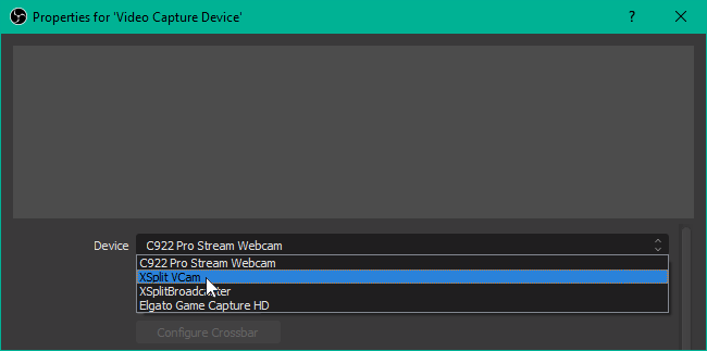 Selecting XSplit VCam in OBS's Video Capture Device Properties