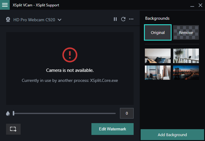 XSplit VCam showing Camera is not available error message