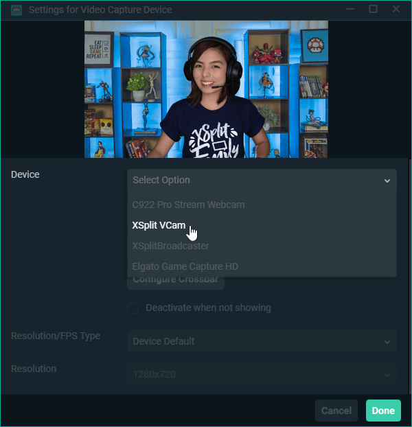 Selecting XSplit VCam as a device in Streamlabs&apos; Video Capture device menu