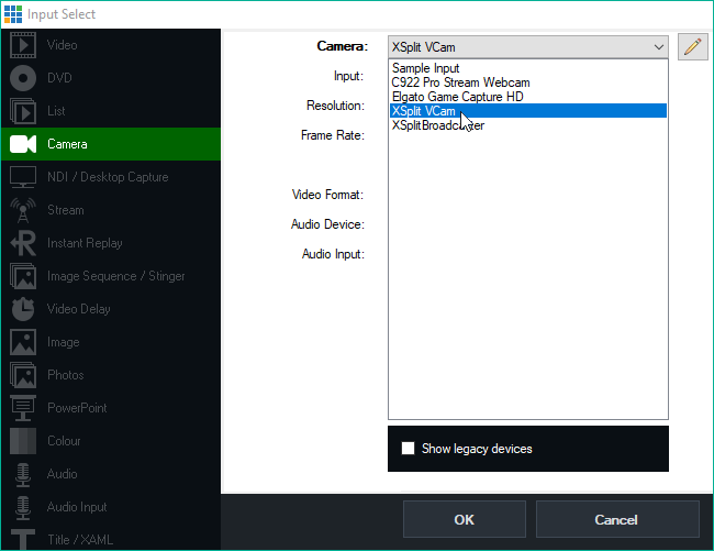 Selecting XSplit VCam as a camera in VMix's Input Select camera settings