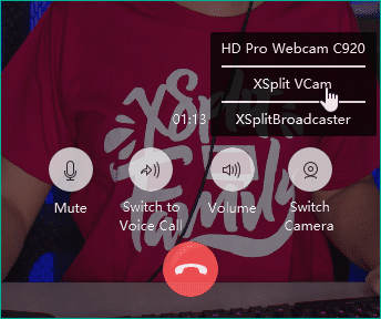 Selecting XSplit VCam as the camera in Wechat for PC