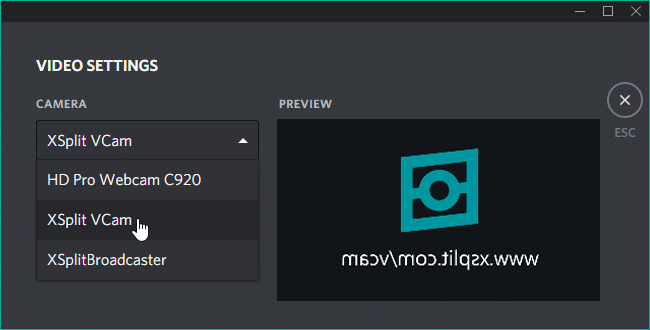 Discord Video Settings showing XSplit VCam is selected as the camera