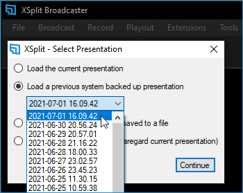 XBC Presentation Recovery popup, selecting a previous backup