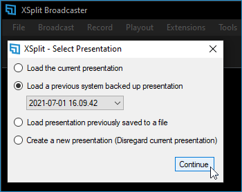 Clicking continue after selecting your preferred backed up presentation
