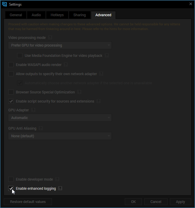 Checking Enhanced Logging under Tools &gt; Settings &gt; Advanced Settings 