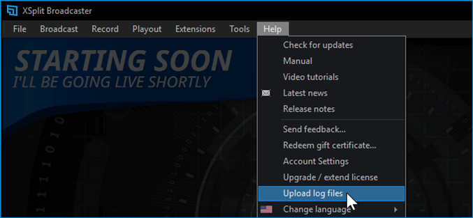 Help &gt; Upload log files option in XBC