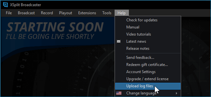 A screenshot of the Help dropdown menu and mouse hovering over Upload log files.