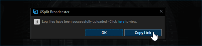 Confirmation window of upload log files. Mouse is hovering over Copy Link.