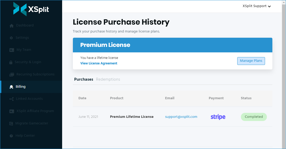 XSplit Dashboard billing - License purchase history showing account has a Premium License (Lifetime)
