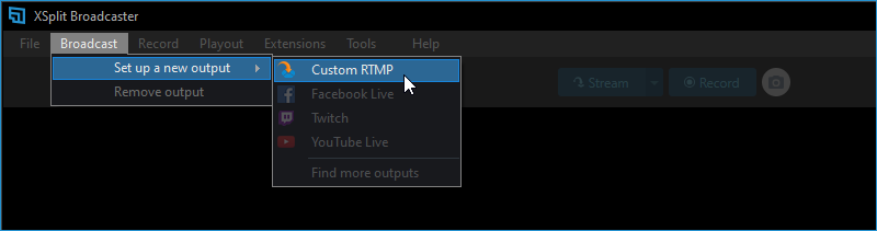 Broadcast &gt; set up a new output &gt; Custom RTMP highlighted