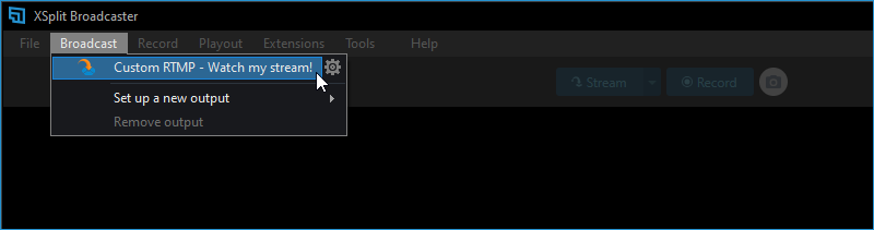 Broadcast &gt; highlighting the Twitch Custom RTMP output you have just created