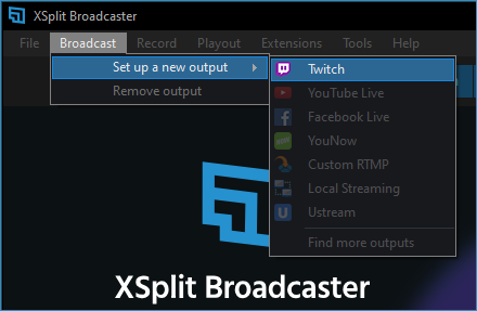 Setting up a new output via the Broadcast menu shows a variety of streaming platforms available.