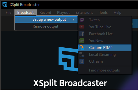 Broadcast Menu &gt; Set up a new output &gt; Custom RTMP 