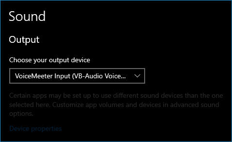 VoiceMeeter selected as the Output in Windows