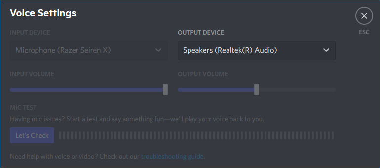 Selecting Speakers as the output device in Discord
