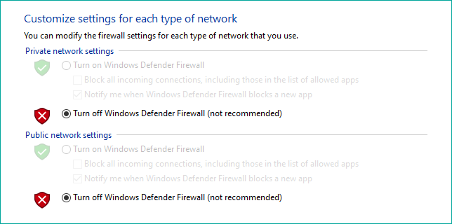 Windows defender firewall set as disabled in Windows