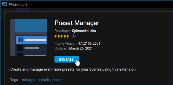 Plugin Store > Preset Manager plugin installation