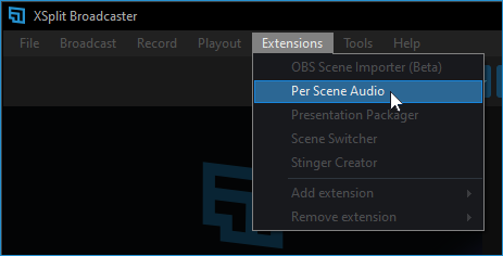 Per Scene Audio option highlghted in the Extensions menu