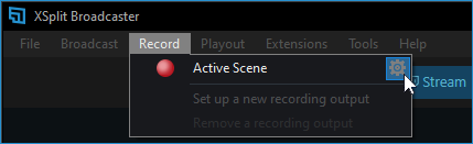 Gear icon in Record &gt; Active scene highlighted
