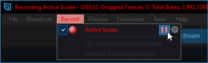 Highlighting the pause button to pause the current active local recording