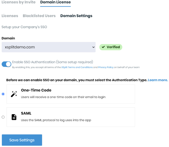 Domain License - One time code SSO option