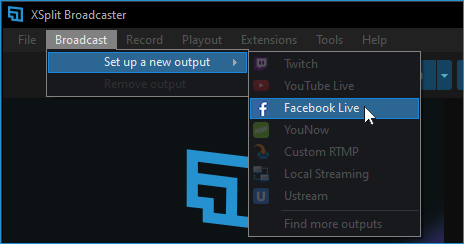 A new Facebook Live output can be made through the Broadcast menu.