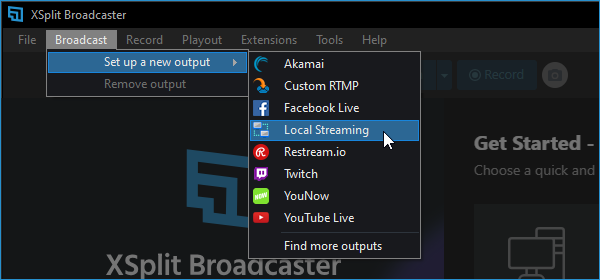XBC Highlighting the Local Streaming option in the Broadcast Menu