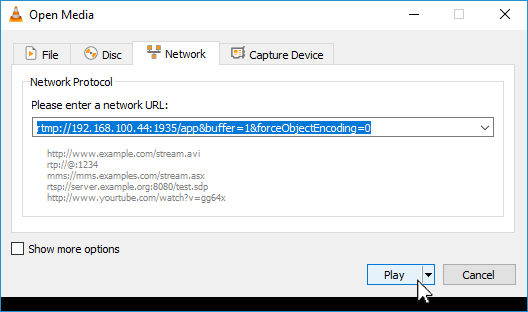 Pasting the copied RTMP url from VLC to VLC's Open Media network protocol