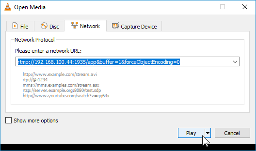 Pasting the copied RTMP url from VLC to VLC&apos;s Open Media network protocol