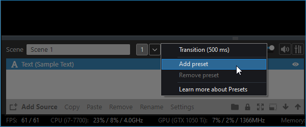 Highlighting the Add preset option in XBC