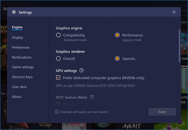 Settings &gt; Engine options in BlueStacks 4