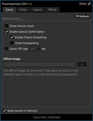 Source settings shown will vary depending on the source. For a game source like shown, settings such as special optimization and capping the game framerate will be available.